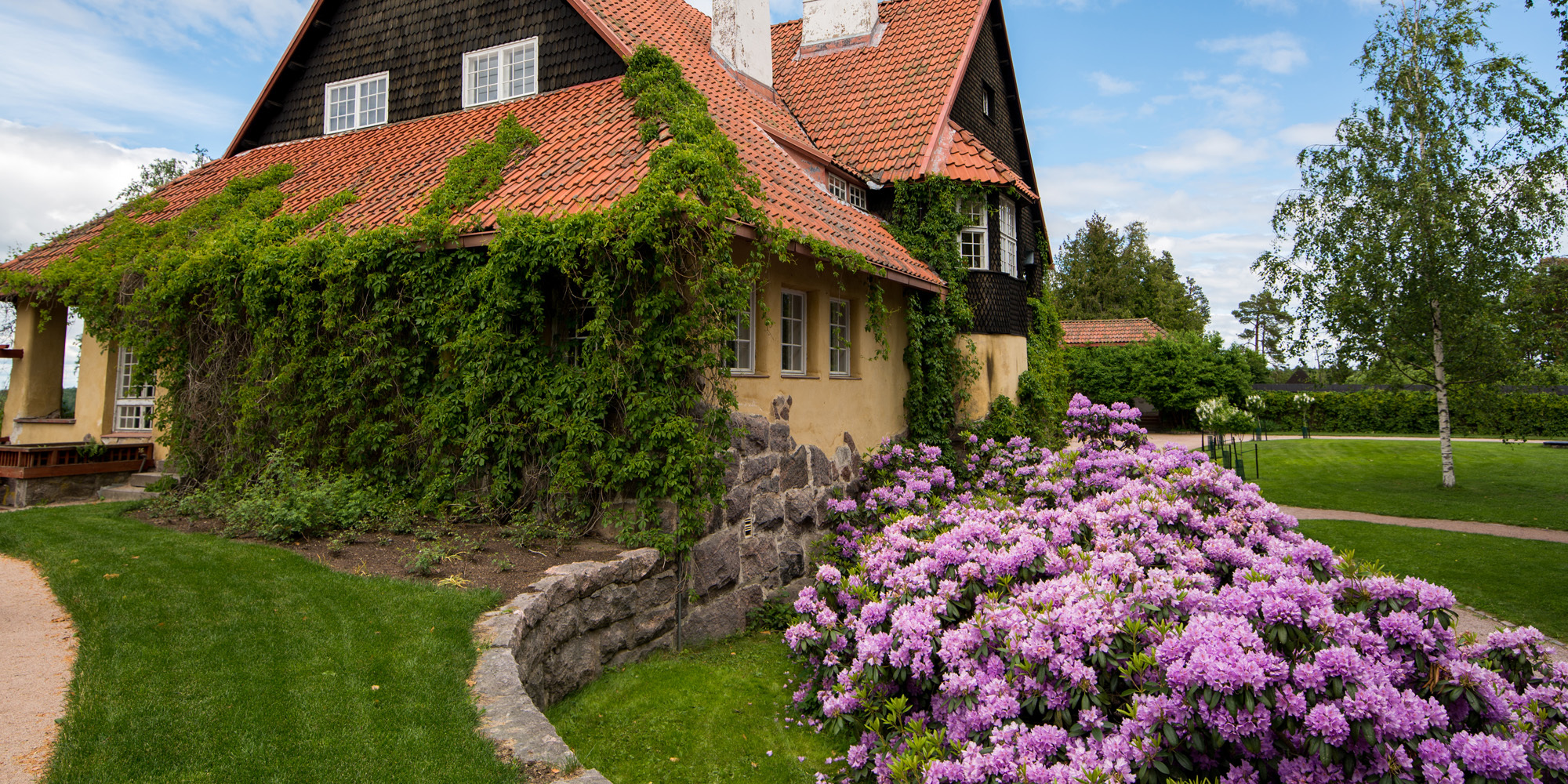 Hvitträskin museo ulkoa ja kukkivat alppiruusut sen edustalla.