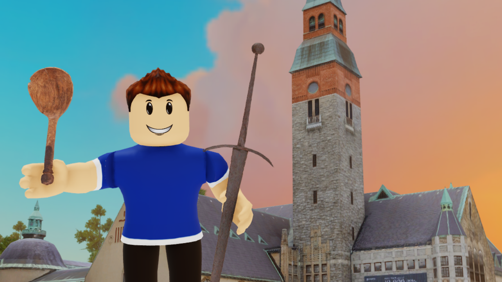Roblox-hahmo pitelee kauhaa ja miekkaa kädessään Kansallismuseon edessä.